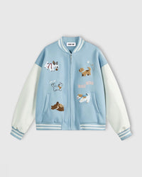 STICKYZOO Wag Wag Puppy Jacket in light blue with six chenille and embroidered dog characters and white contrast sleeves