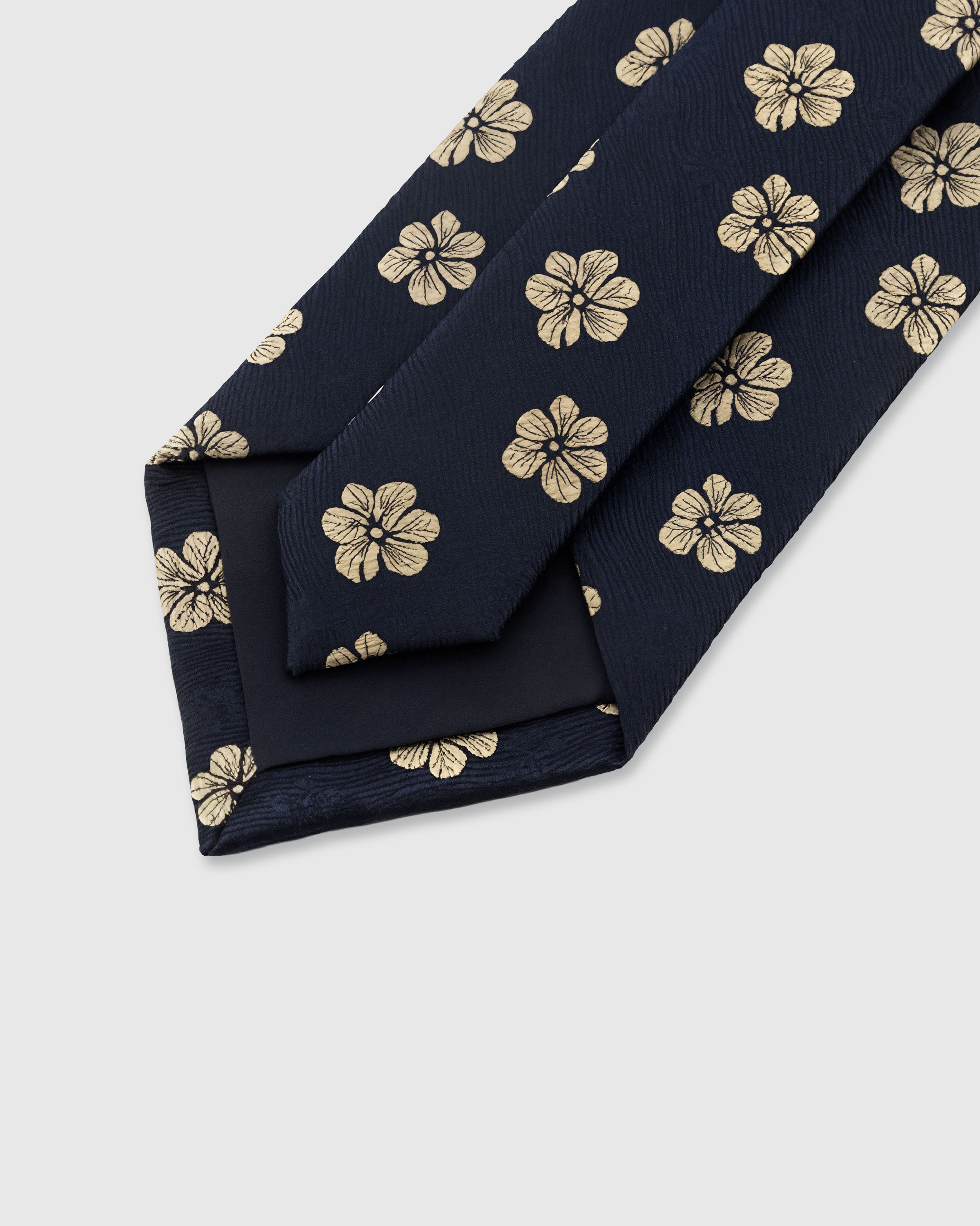 {Hand-finished interior} STICKYZOO MIDNIGHT BLOSSOM TIE back detail showing structured interlining and hand-finished slip stitching, 145 x 8 cm