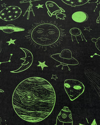 STICKYZOO cosmic atlas silk scarf print detail showing the winking moon, a UFO and an alien motif
```