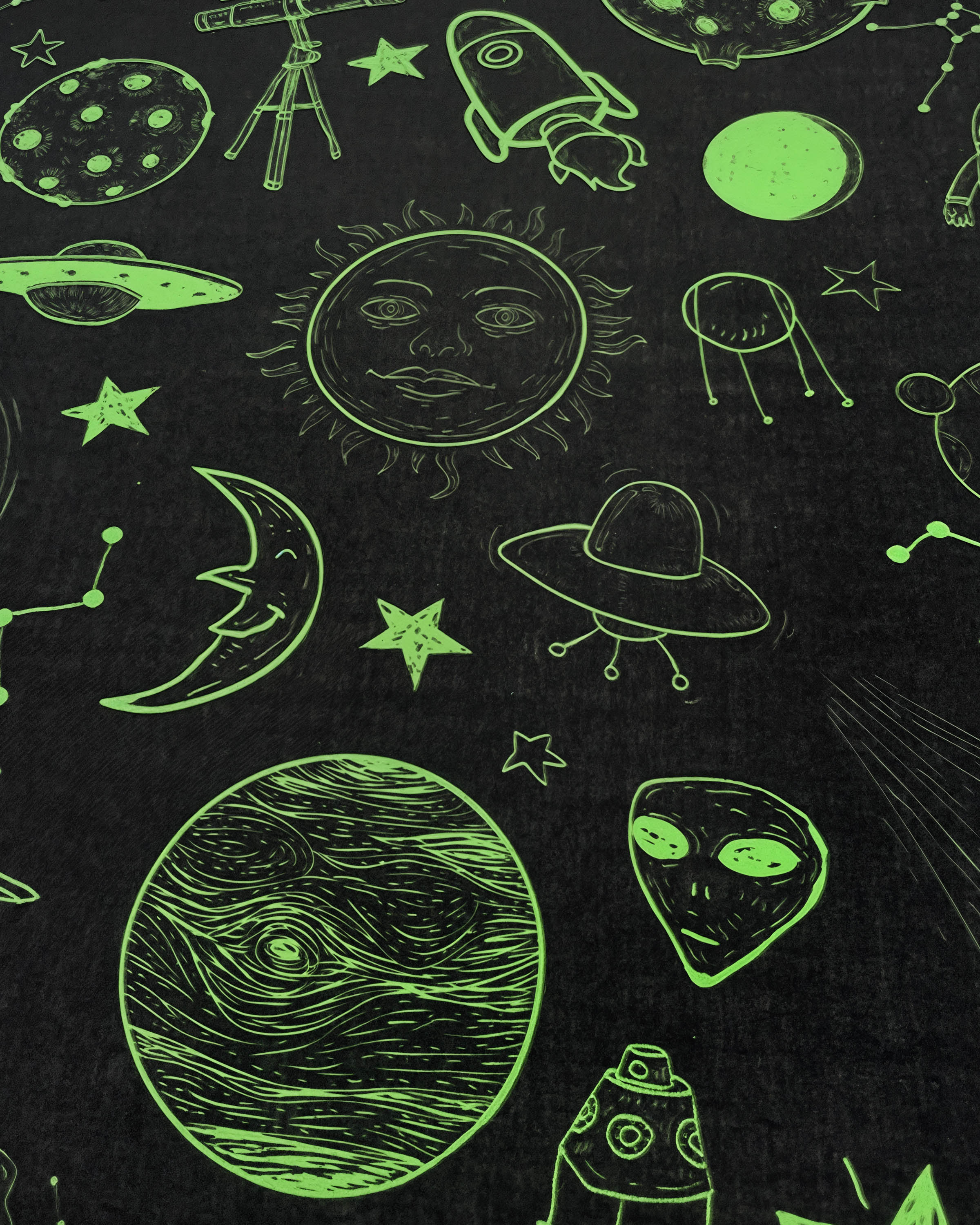STICKYZOO cosmic atlas silk scarf print detail showing the winking moon, a UFO and an alien motif
```