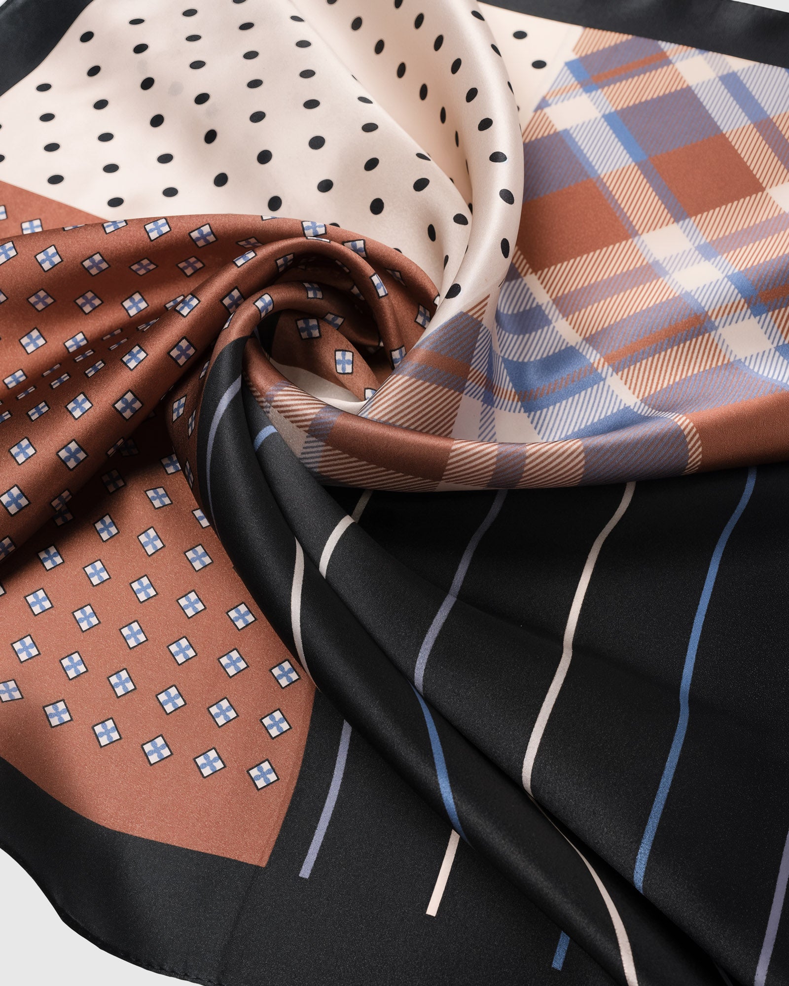 Close-up of the four-pattern patchwork printed in archival inks on pure silk
```