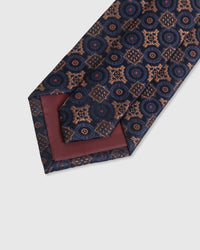 {Hand-finished interior} STICKYZOO MIDNIGHT MEDALLION MOSAIC TIE back detail showing structured interlining and hand-finished slip stitching, 145 x 8 cm