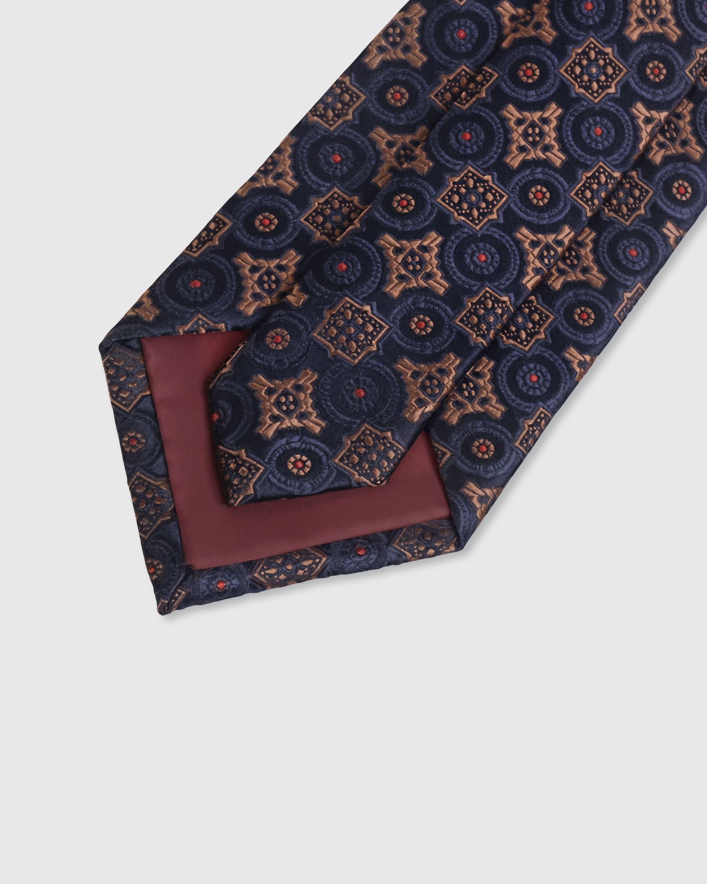 {Hand-finished interior} STICKYZOO MIDNIGHT MEDALLION MOSAIC TIE back detail showing structured interlining and hand-finished slip stitching, 145 x 8 cm