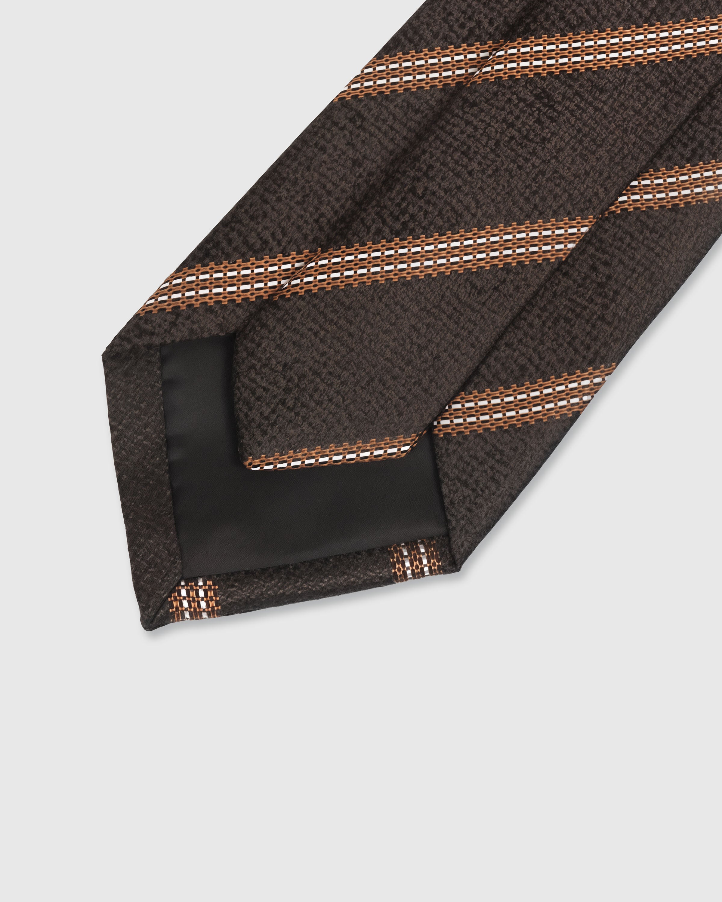 {Hand-finished interior} STICKYZOO ESPRESSO COPPER STRIPE TIE back detail showing structured interlining and hand-finished slip stitching, 145 x 8 cm