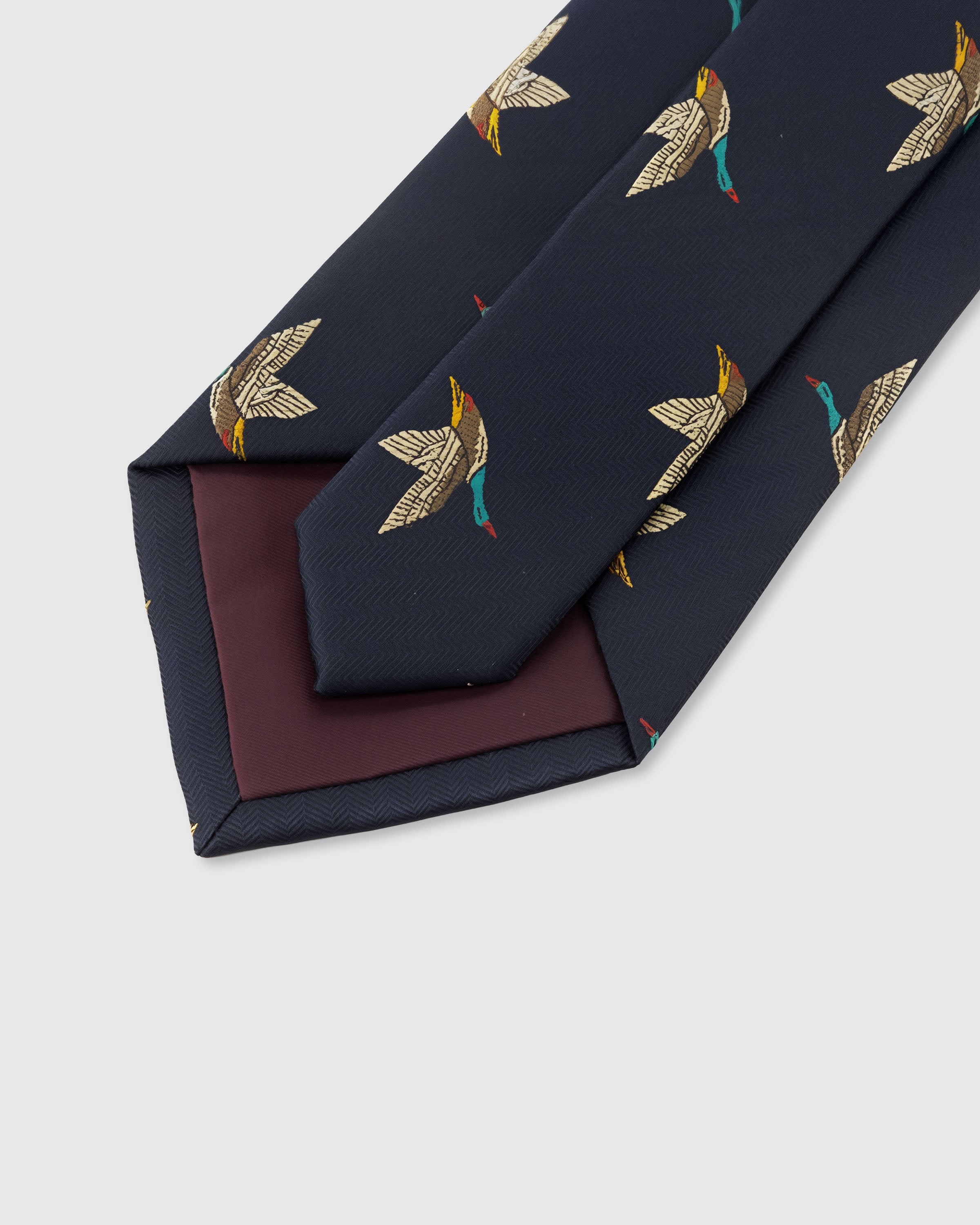 {Hand-finished interior} STICKYZOO MIDNIGHT MALLARD TIE back detail showing structured interlining and hand-finished slip stitching, 145 x 8 cm