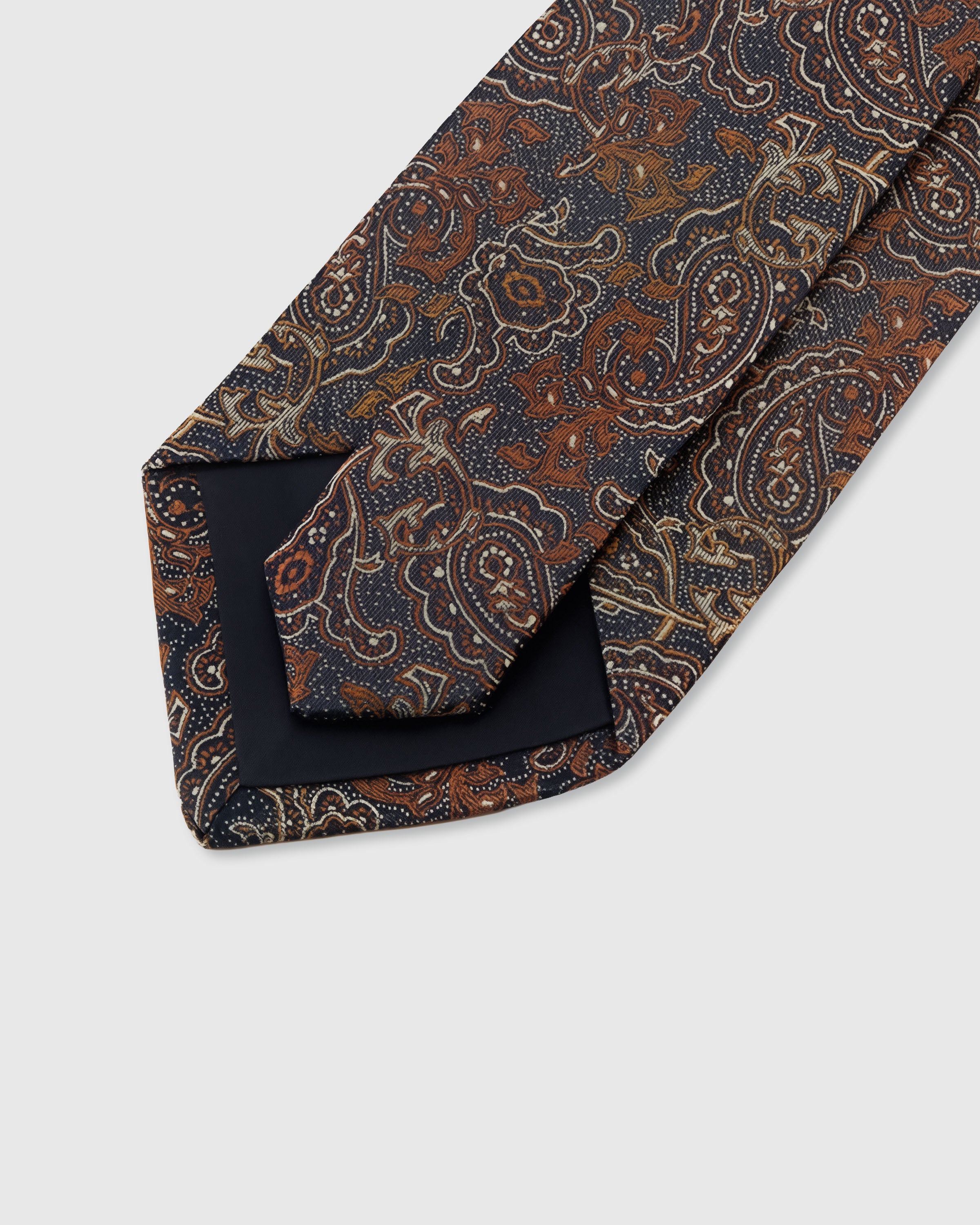 {Hand-finished interior} STICKYZOO MIDNIGHT PAISLEY TAPESTRY TIE back detail showing structured interlining and hand-finished slip stitching, 145 x 8 cm