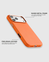 Fine-grain leather grain and the full raised metal camera surround on the orange iPhone case