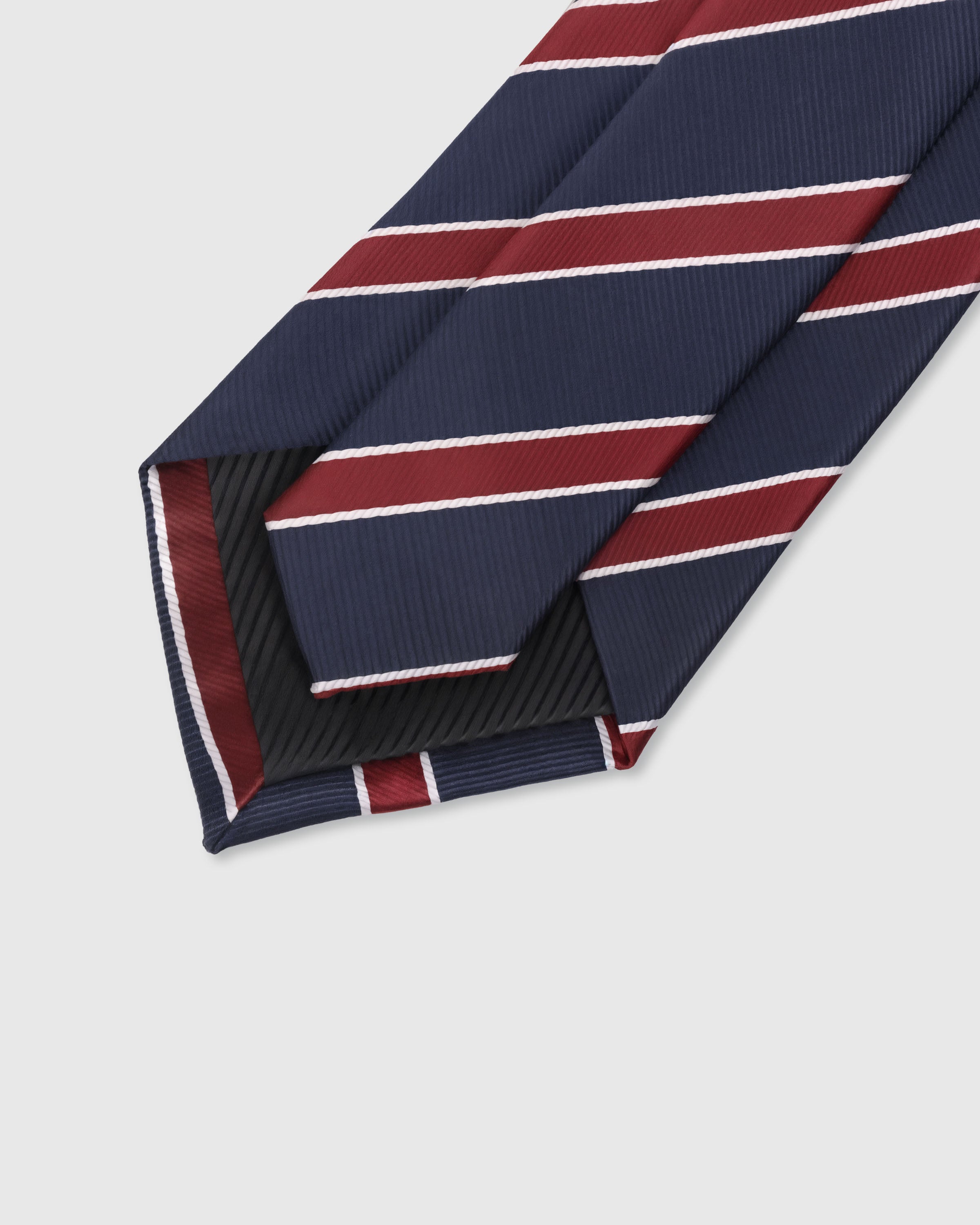 {Hand-finished interior} STICKYZOO MIDNIGHT CRIMSON STRIPE TIE back detail showing structured interlining and hand-finished slip stitching, 145 x 8 cm