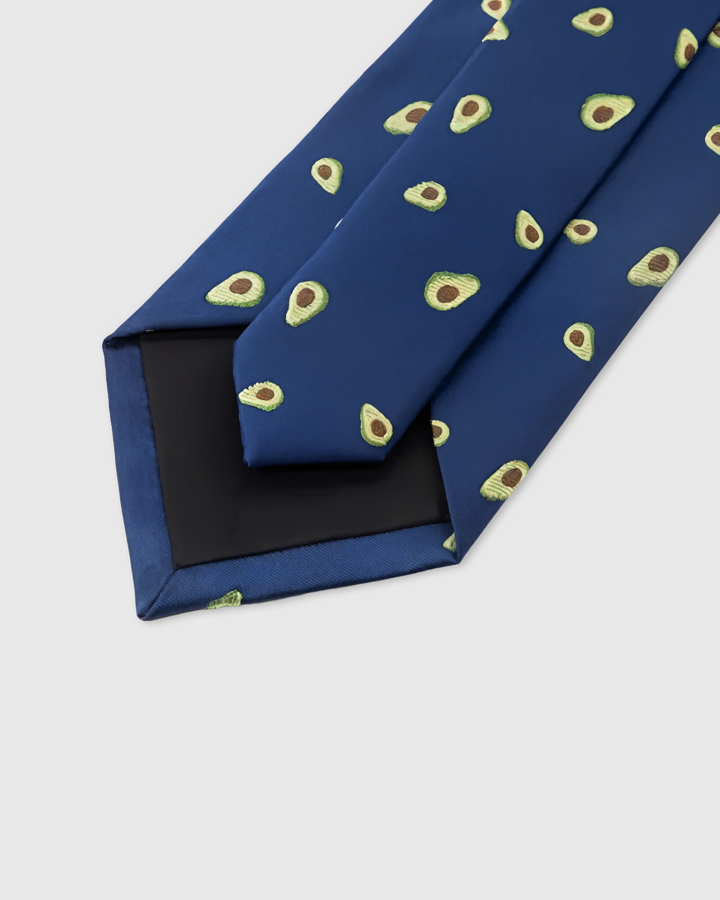 STICKYZOO Cobalt Avocado Tie interior showing hand-finished slip stitching and structured interlining, 145 × 8 cm