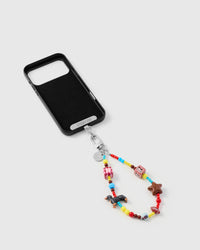 Inside of phone case showing STICKYZOO Phone Strap Card with carnival mix strap connected