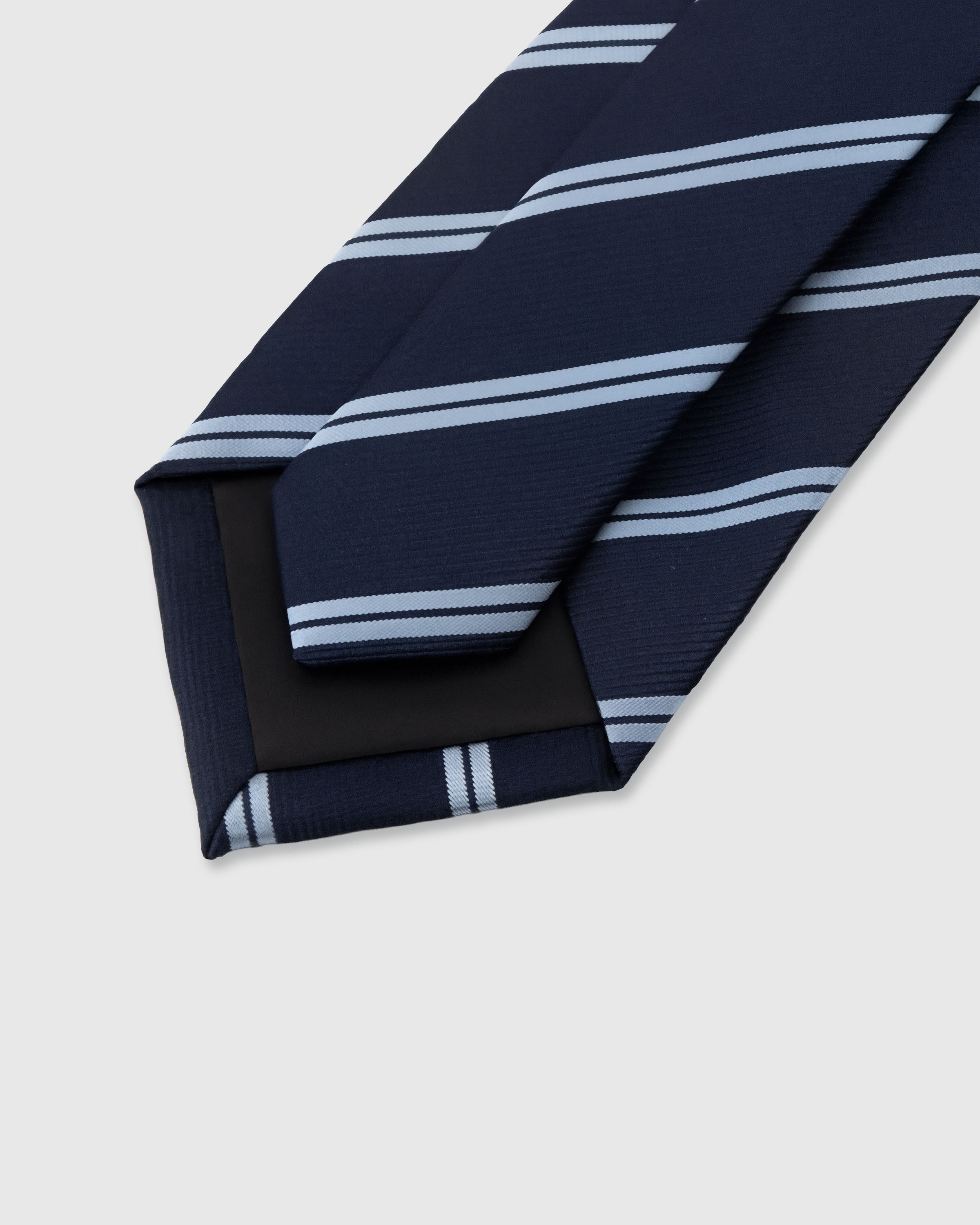 STICKYZOO Navy Double Stripe Tie — 45° bias-cut Italian method, structured interlining, hand-finished interior