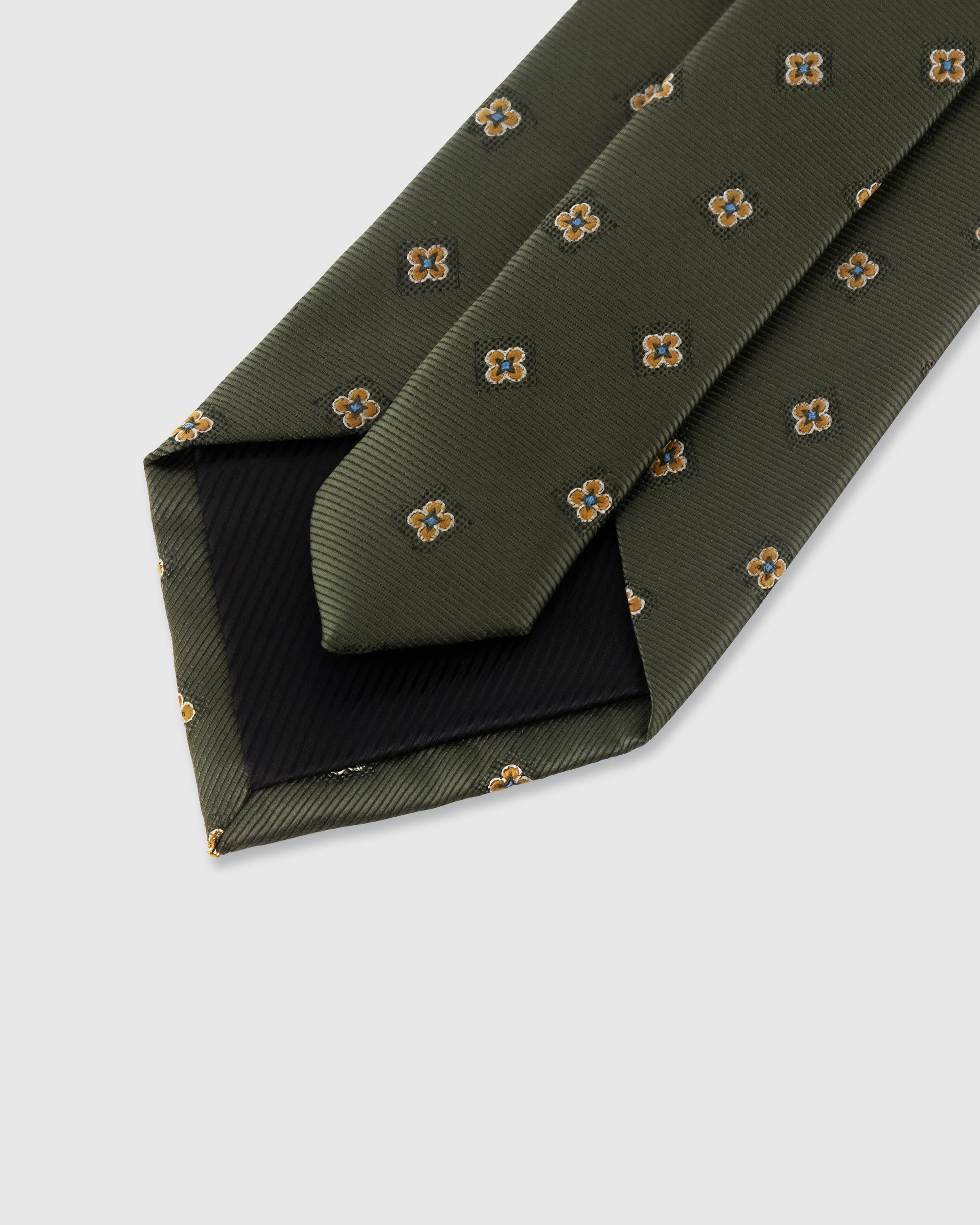 STICKYZOO Olive Floret Tie — 45° bias-cut Italian method, structured interlining, hand-finished interior