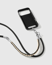 Cross-body phone strap clipped to a phone case for hands-free carry