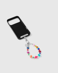 Inside of phone case showing STICKYZOO Phone Strap Card with rainbow heart strap connected