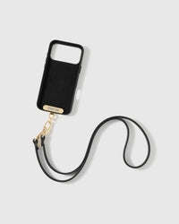 Full view of the black cross-body phone strap beside a phone case with a charging-port opening, attached using the included Phone Strap Card; case sold separately