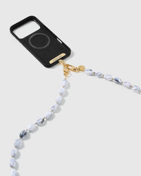 Dual-clasp beaded cross-body strap clipped to a phone case, showing universal fit via the included Phone Strap Card