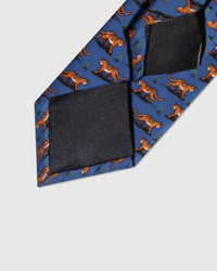 Hand-finished interior STICKYZOO Royal Tiger Tie back view showing structured black interlining and tipping on cobalt blue silk