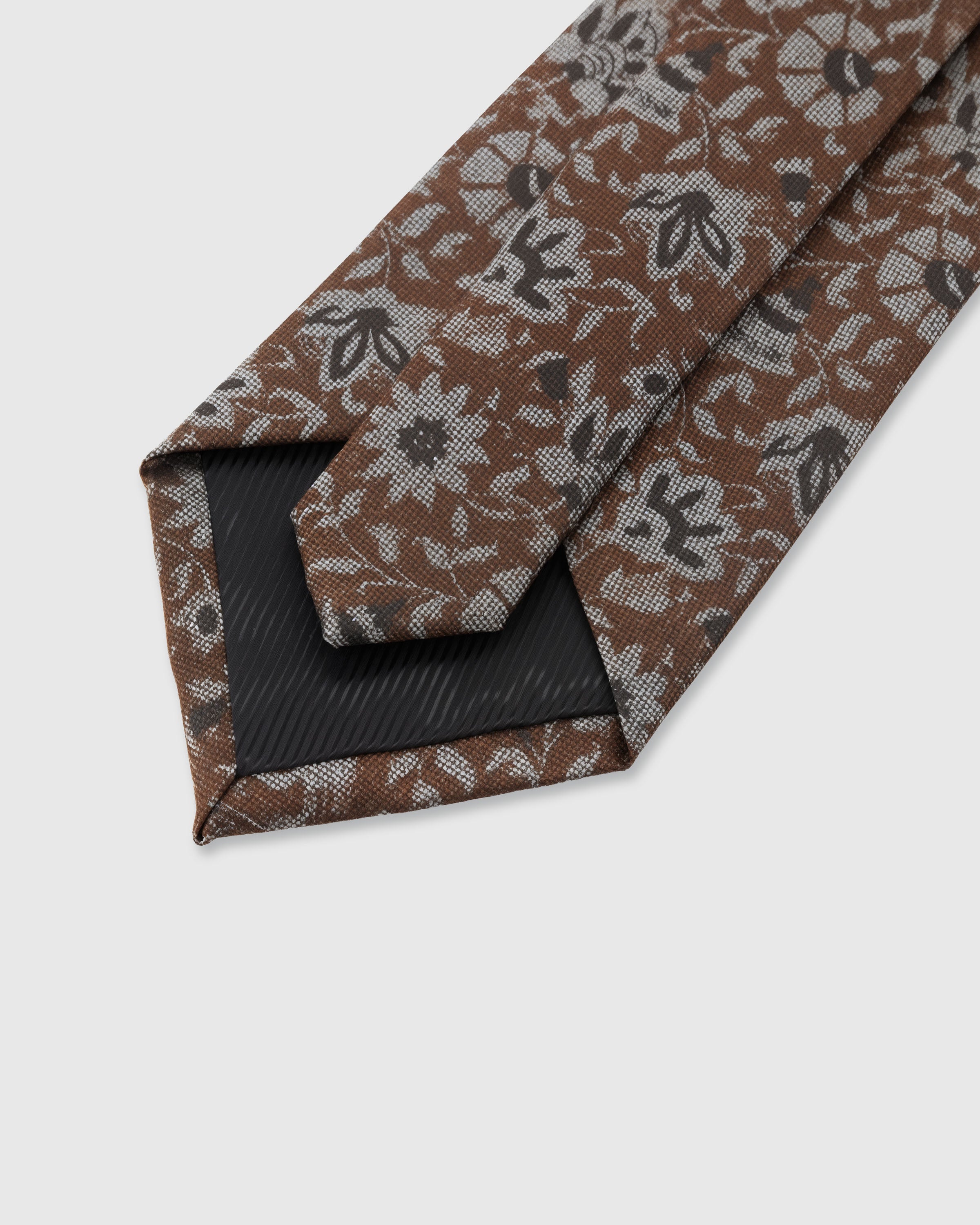 STICKYZOO Walnut Floral Tie — 45° bias-cut Italian method, structured interlining, hand-finished interior