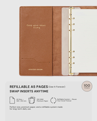 STICKYZOO camel genuine goatskin notebook open showing refillable A5 ring system, 100 GSM premium paper, swap inserts anytime