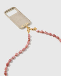 Dual-clasp beaded cross-body strap clipped to a phone case, showing universal fit via the included Phone Strap Card