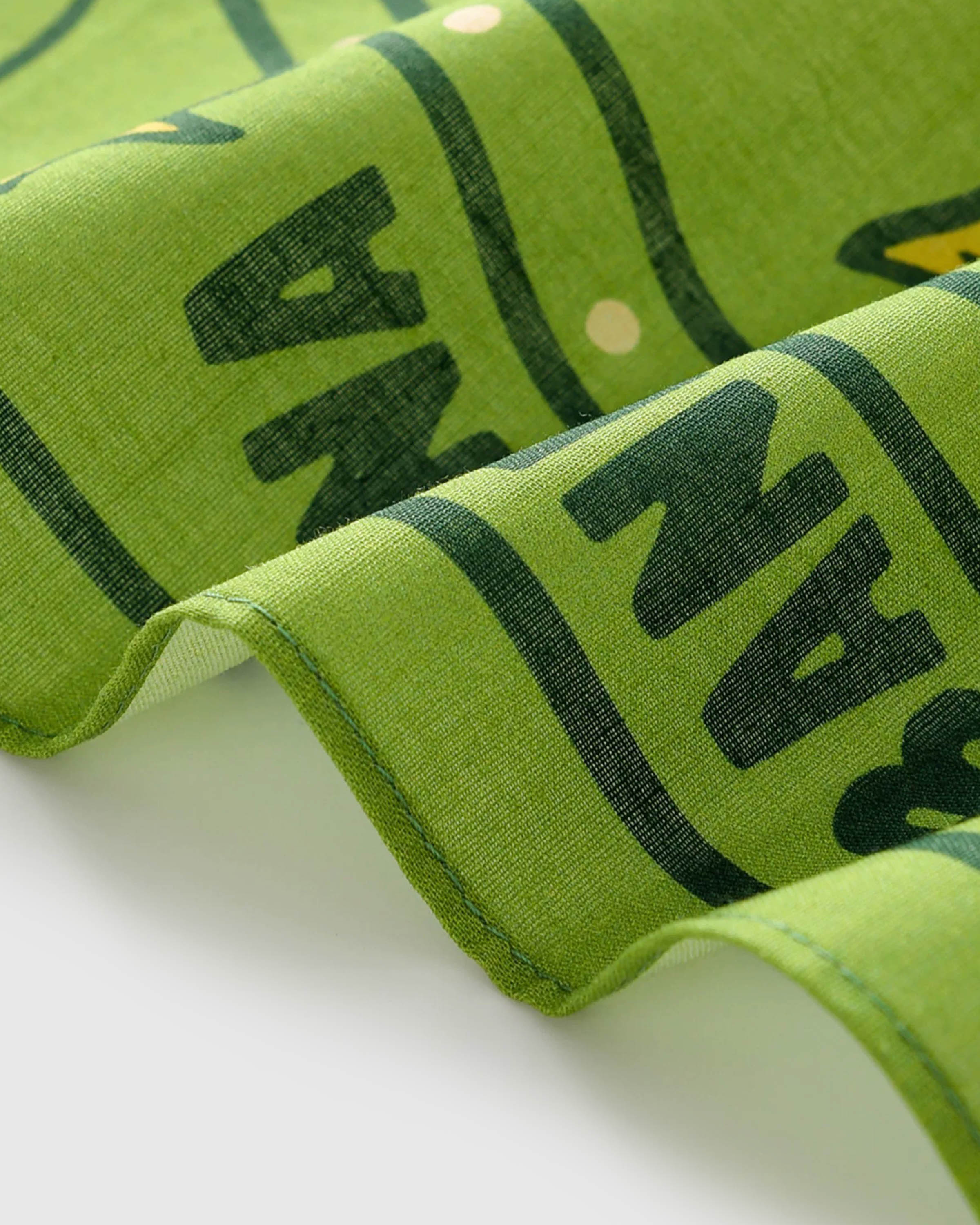 Close-up of the hand-illustrated cartouche border printed in archival inks on the green silk field