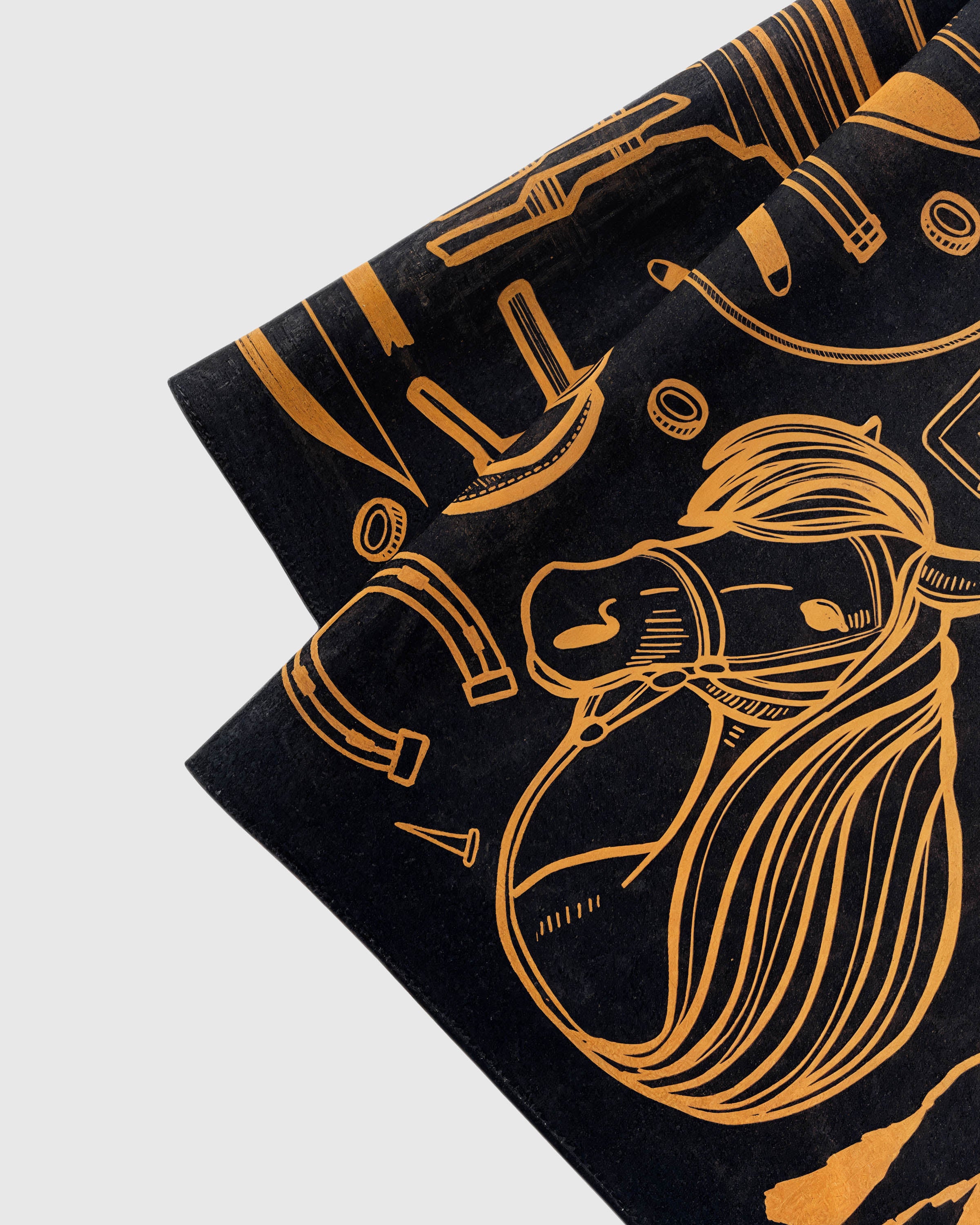 Close-up of the hand-illustrated horse and tequila bottle motif printed in archival copper ink on silk
