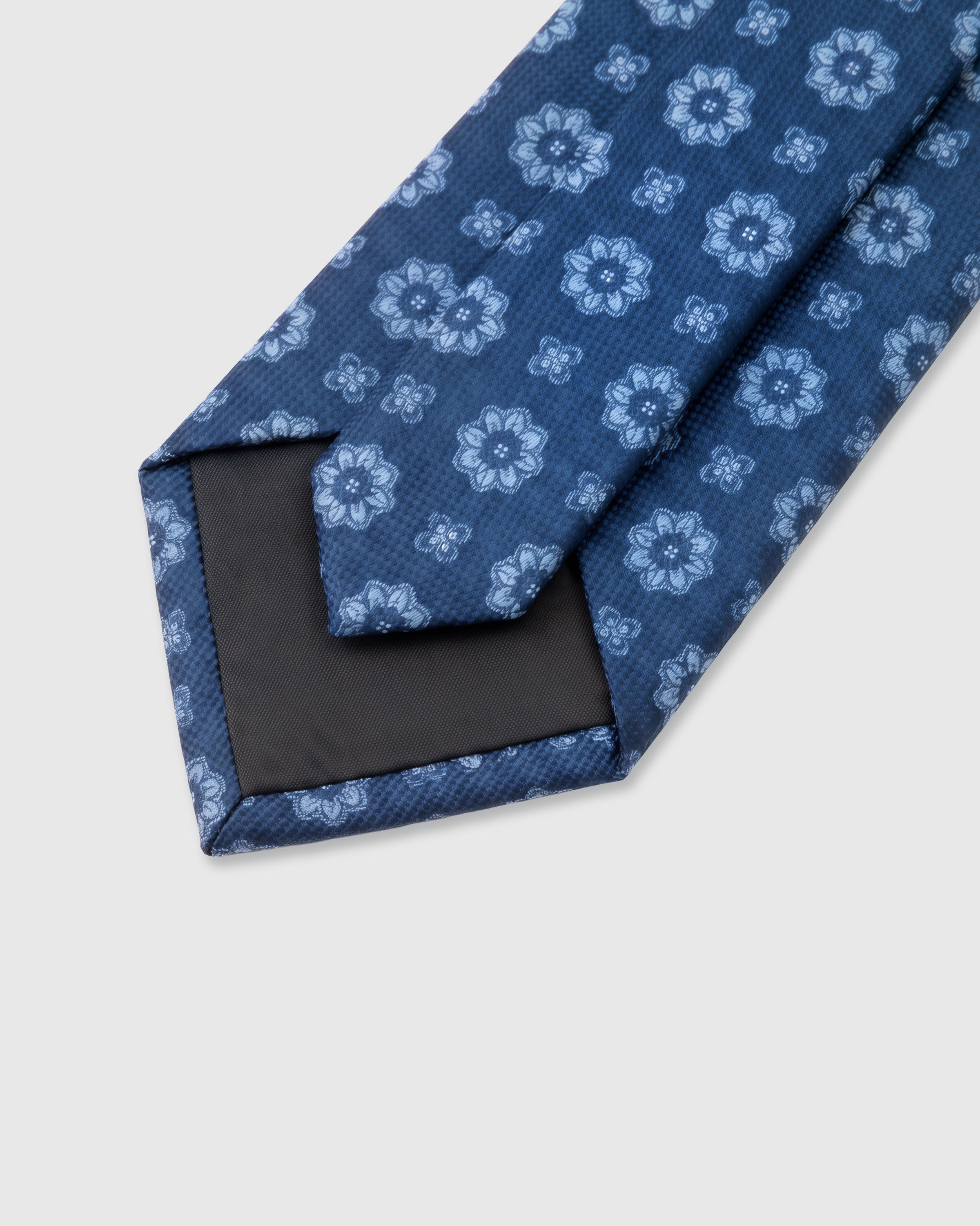 STICKYZOO Steel Blue Floral Tie — 45° bias-cut Italian method, structured interlining, hand-finished interior