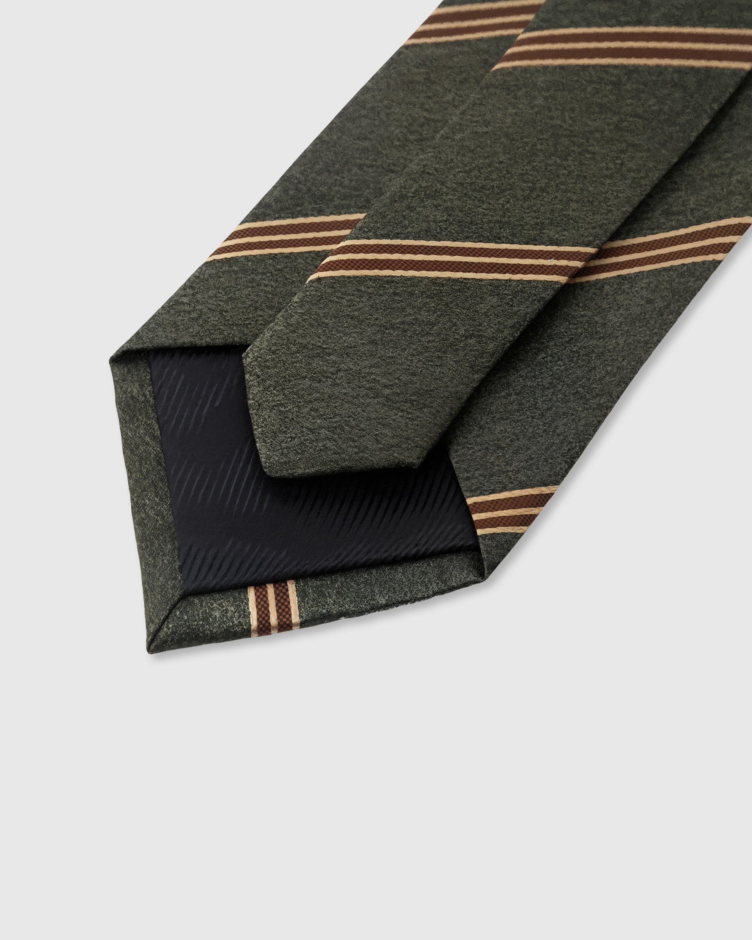 STICKYZOO Olive Copper Stripe Tie interior showing hand-finished slip stitching and structured interlining, 145 × 8 cm