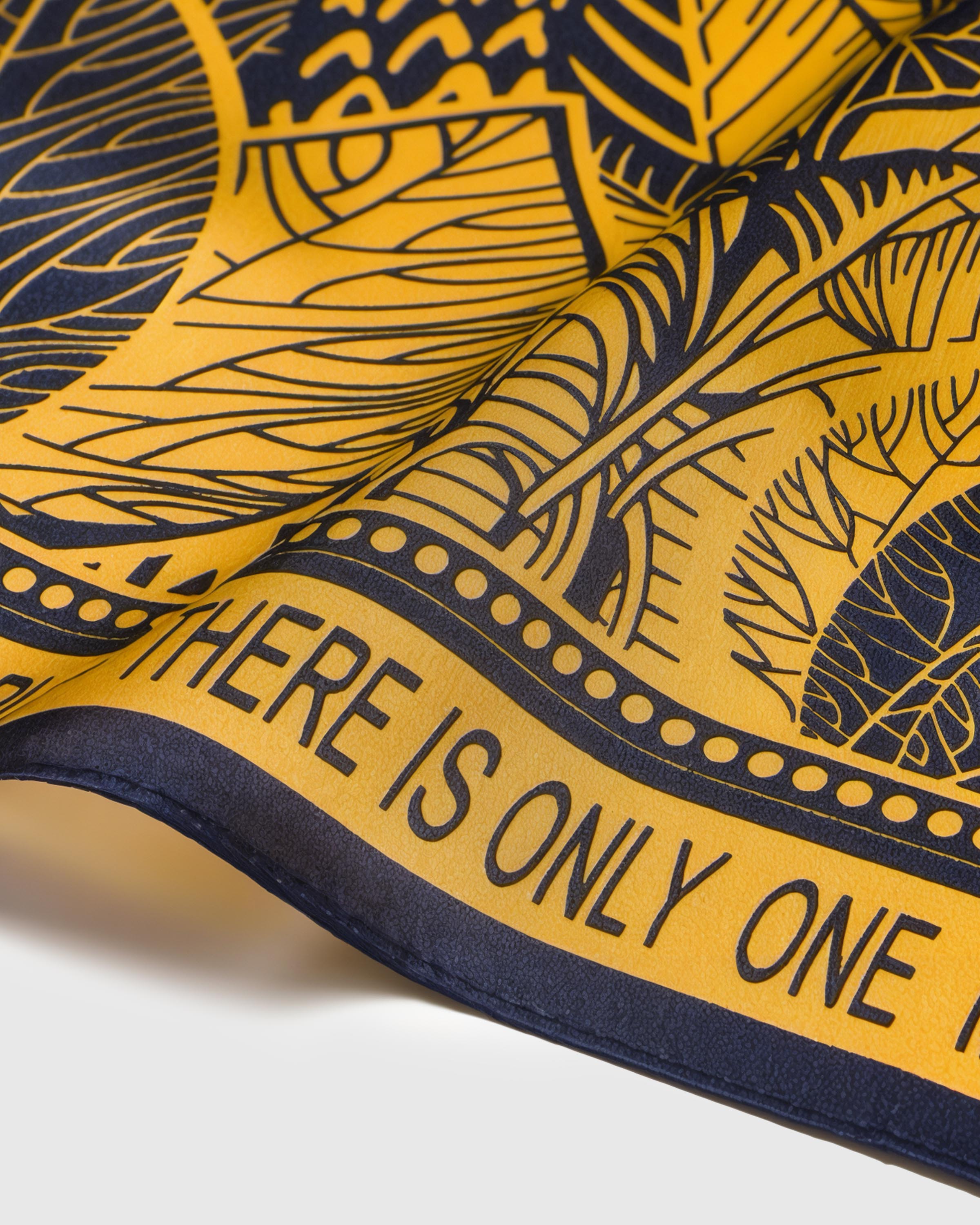 Close-up of the hand-illustrated palms and woodcut border lettering printed on pure silk