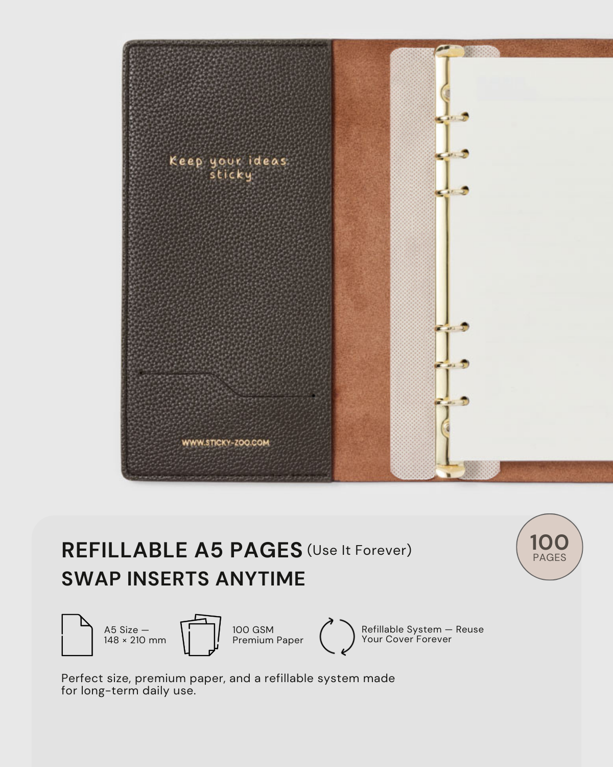 STICKYZOO notebook open showing refillable A5 ring system, 100 GSM premium paper, 148 x 210 mm, swap inserts anytime