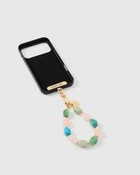 Inside of phone case showing STICKYZOO Phone Strap Card with multi-color marble strap