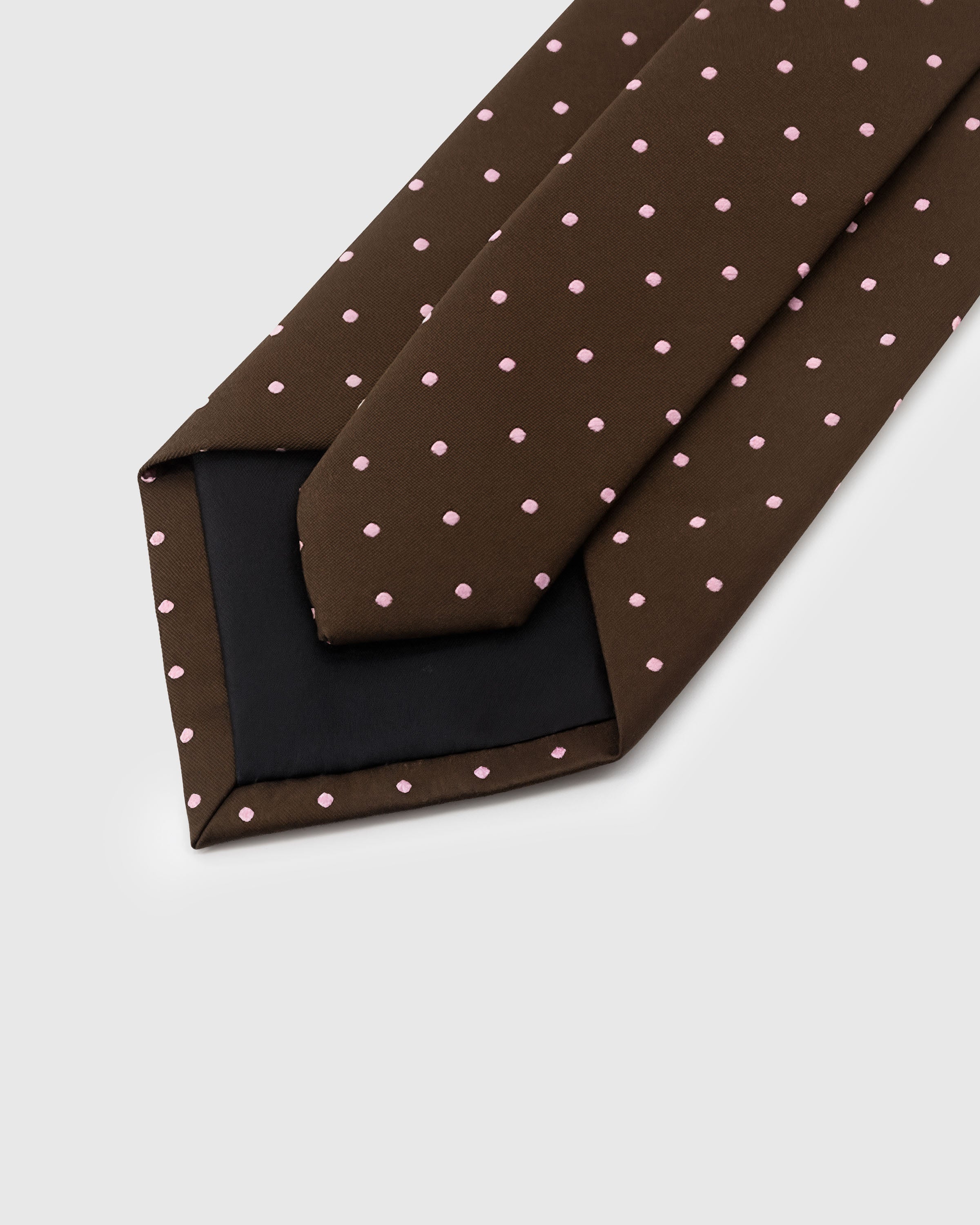 STICKYZOO Cocoa Pin Dot Tie interior showing hand-finished slip stitching and structured interlining, 145 x 8 cm