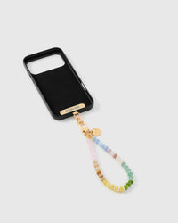 Inside of phone case showing STICKYZOO Phone Strap Card with rainbow agate strap attached