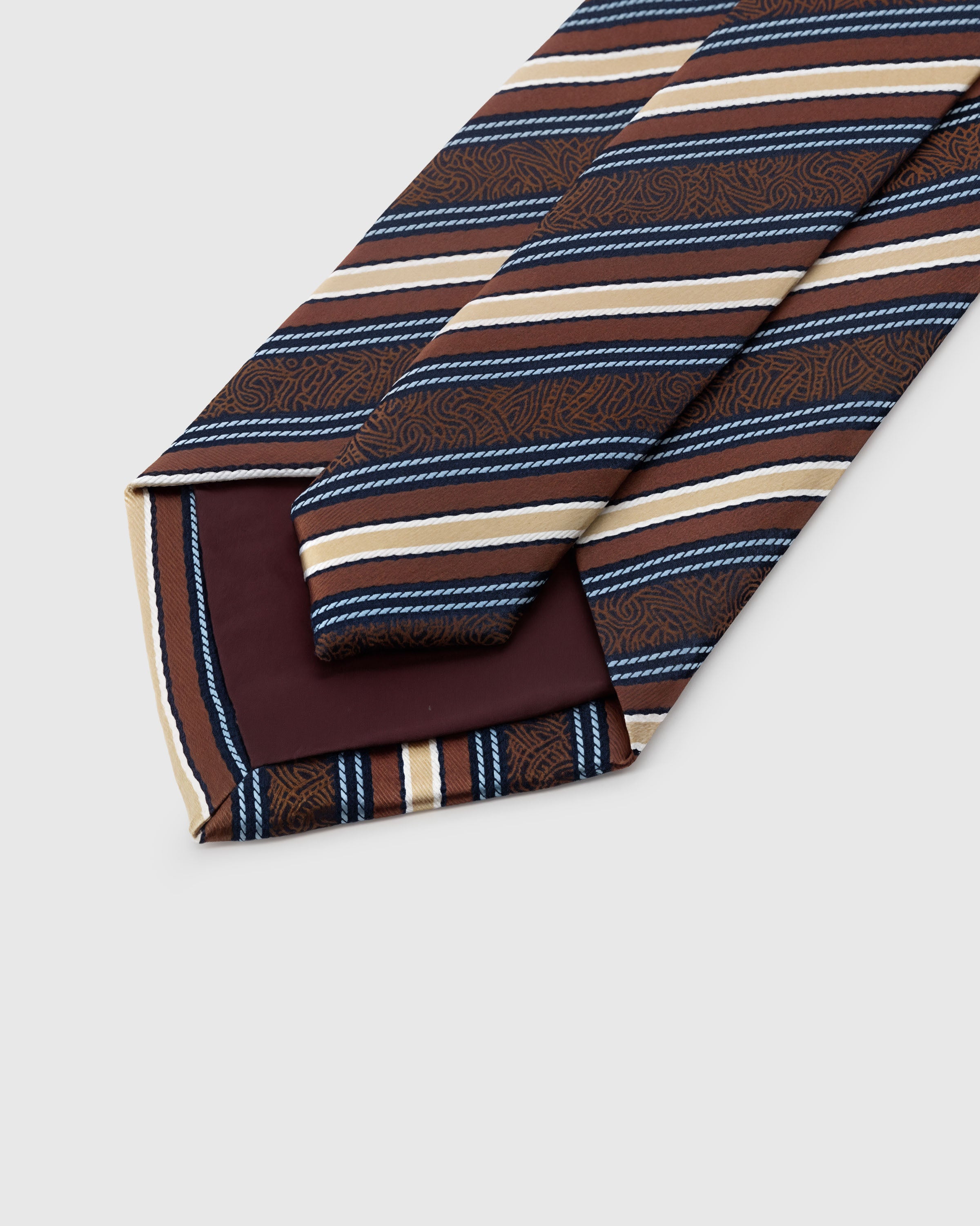 STICKYZOO Chestnut Paisley Stripe Tie back detail showing structured interlining and hand-finished construction, 145 × 8 cm