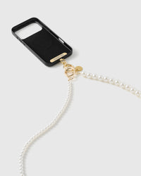 STICKYZOO gold-tone plate and dual clasps on a black case, small faux-pearls leading into larger ones down the strap