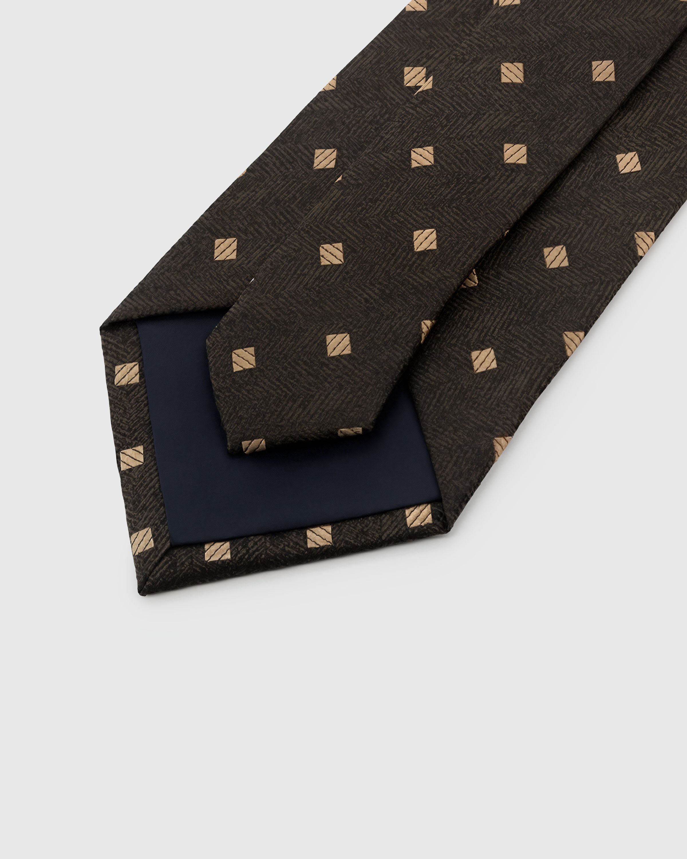 {{45° bias-cut Italian method}} STICKYZOO Espresso Foulard Tie back detail showing navy interlining and hand-finished construction, 145 × 8 cm