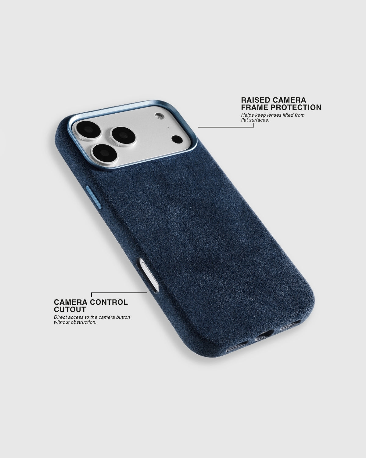 {{Raised camera frame}} Cobalt Alcantara phone case with raised camera edge and camera control cutout by STICKYZOO