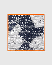 Tangerine frame silk scarf with ivory line-work on navy and a bold orange border by STICKYZOO