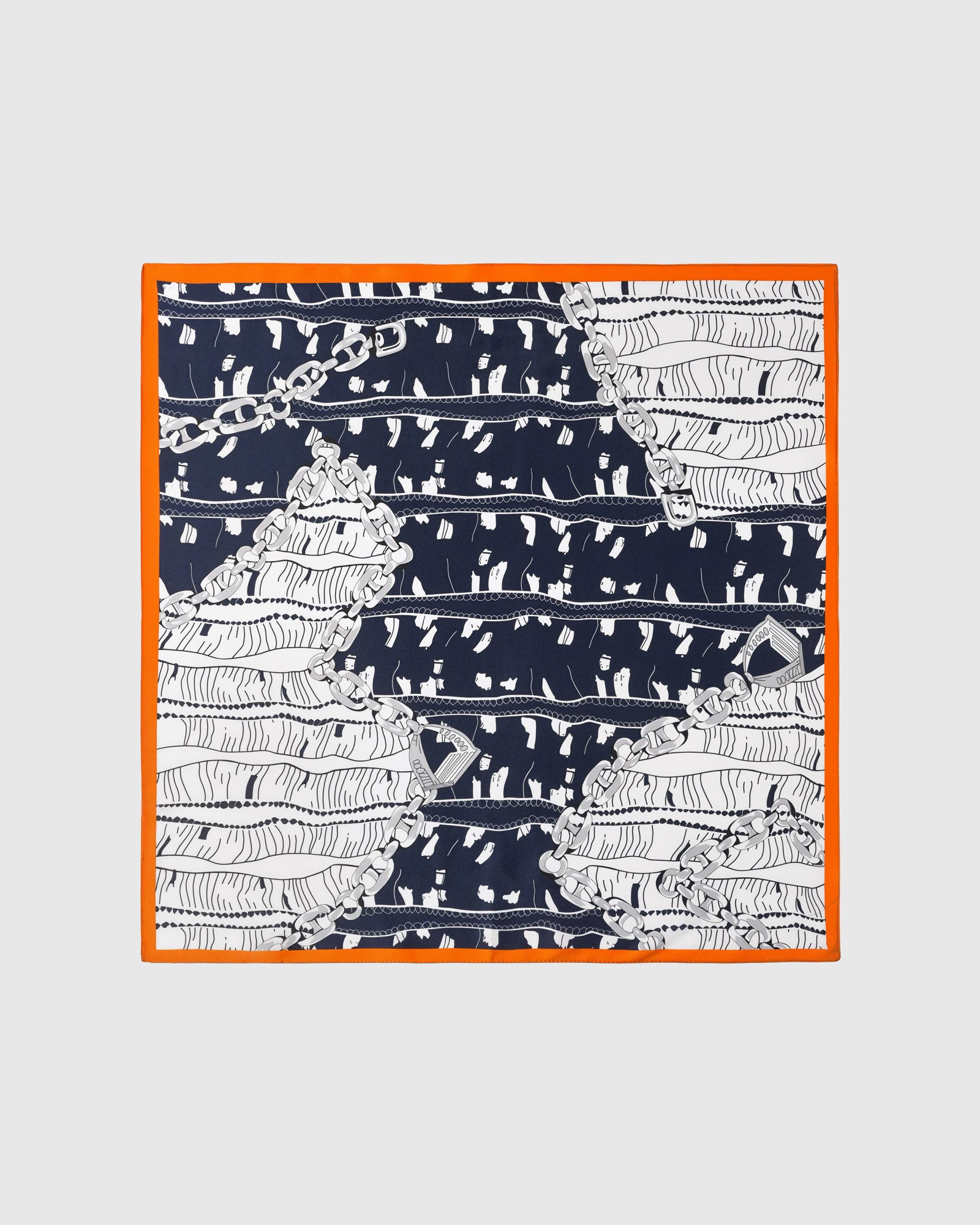 Tangerine frame silk scarf with ivory line-work on navy and a bold orange border by STICKYZOO