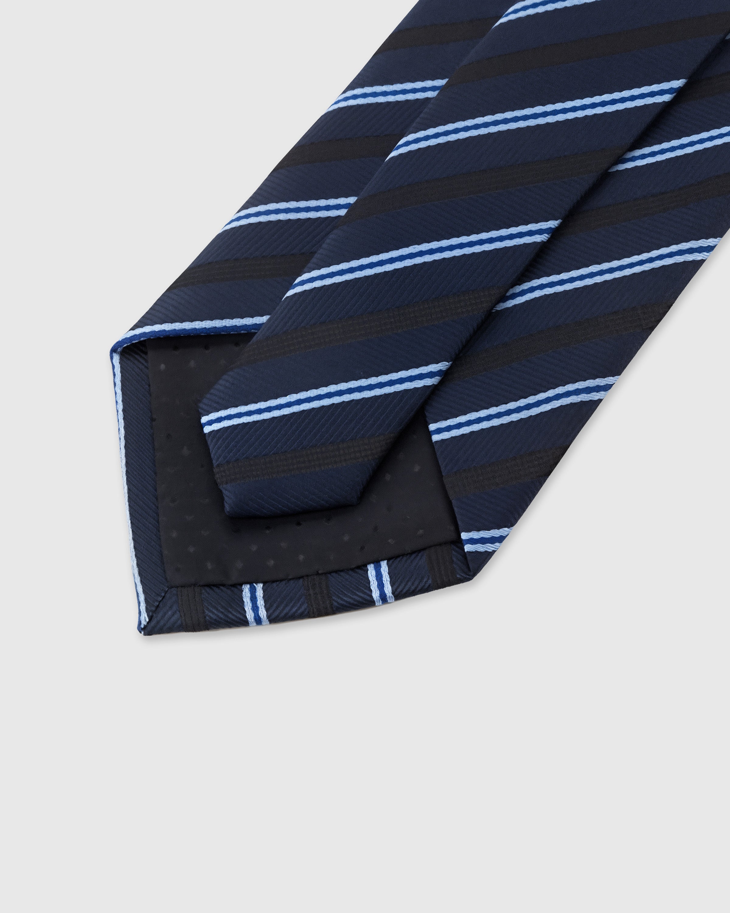 STICKYZOO Navy Tonal Stripe Tie back detail showing structured interlining and hand-finished slip stitching, 145 x 8 cm