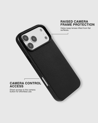 Black textured leather phone case with raised camera frame protection keeping lenses lifted from surfaces. Camera Control button access for iPhone 16 and newer. Loved by Thousands.