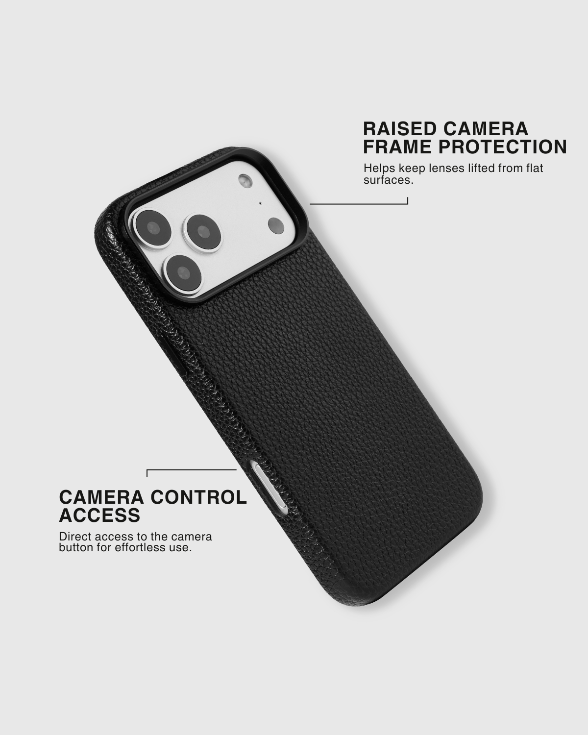 Black textured leather phone case with raised camera frame protection keeping lenses lifted from surfaces. Camera Control button access for iPhone 16 and newer. Loved by Thousands.