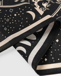 Close-up of the moon-phase border on the zodiac silk scarf showing the inked detail and silk weave
```