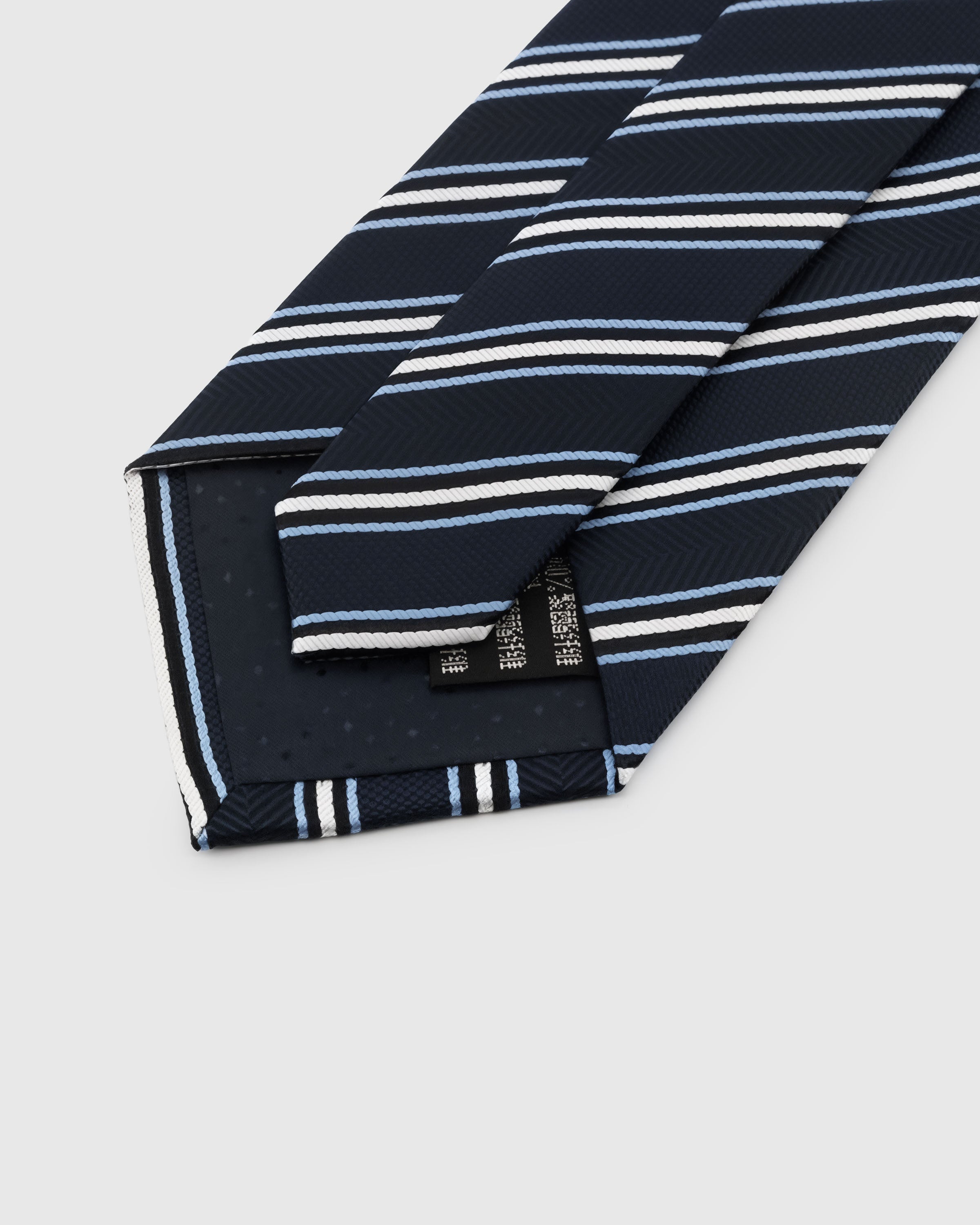 STICKYZOO Navy Regiment Stripe Tie back detail showing structured interlining and hand-finished construction, 145 × 8 cm