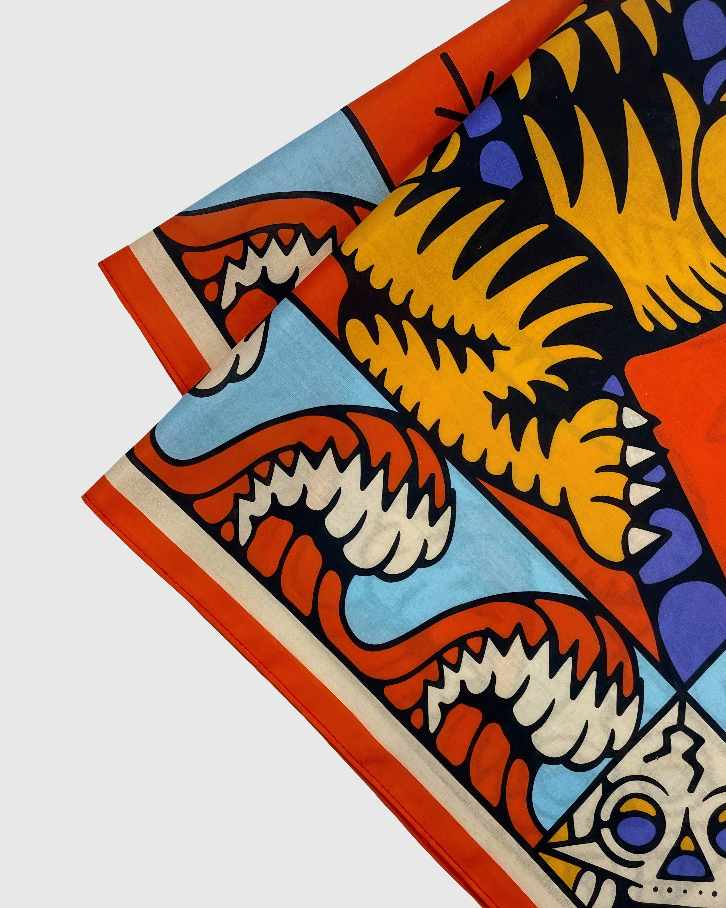 Close-up of the hand-illustrated tiger face printed in archival inks on pure silk