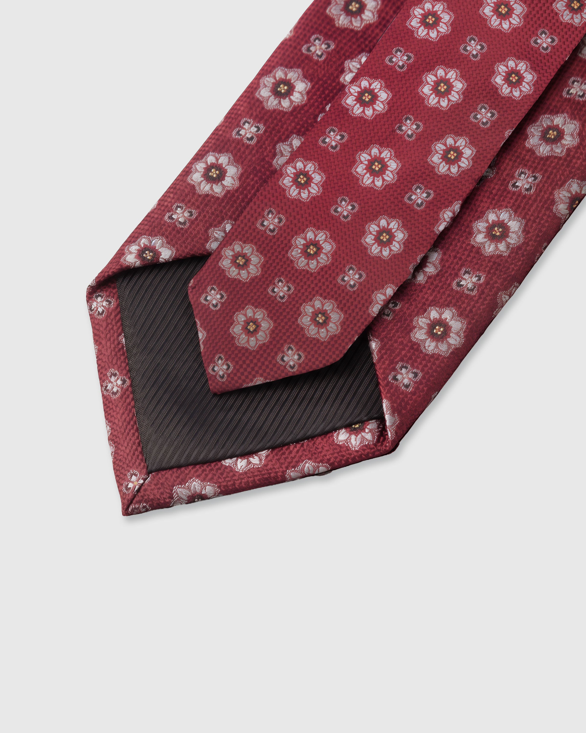 STICKYZOO Garnet Floral Tie — 45° bias-cut Italian method, structured interlining, hand-finished interior