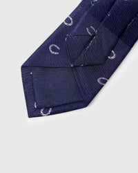 Hand-finished interior Midnight Horseshoe Tie back view showing structured interlining and tipping on midnight navy silk