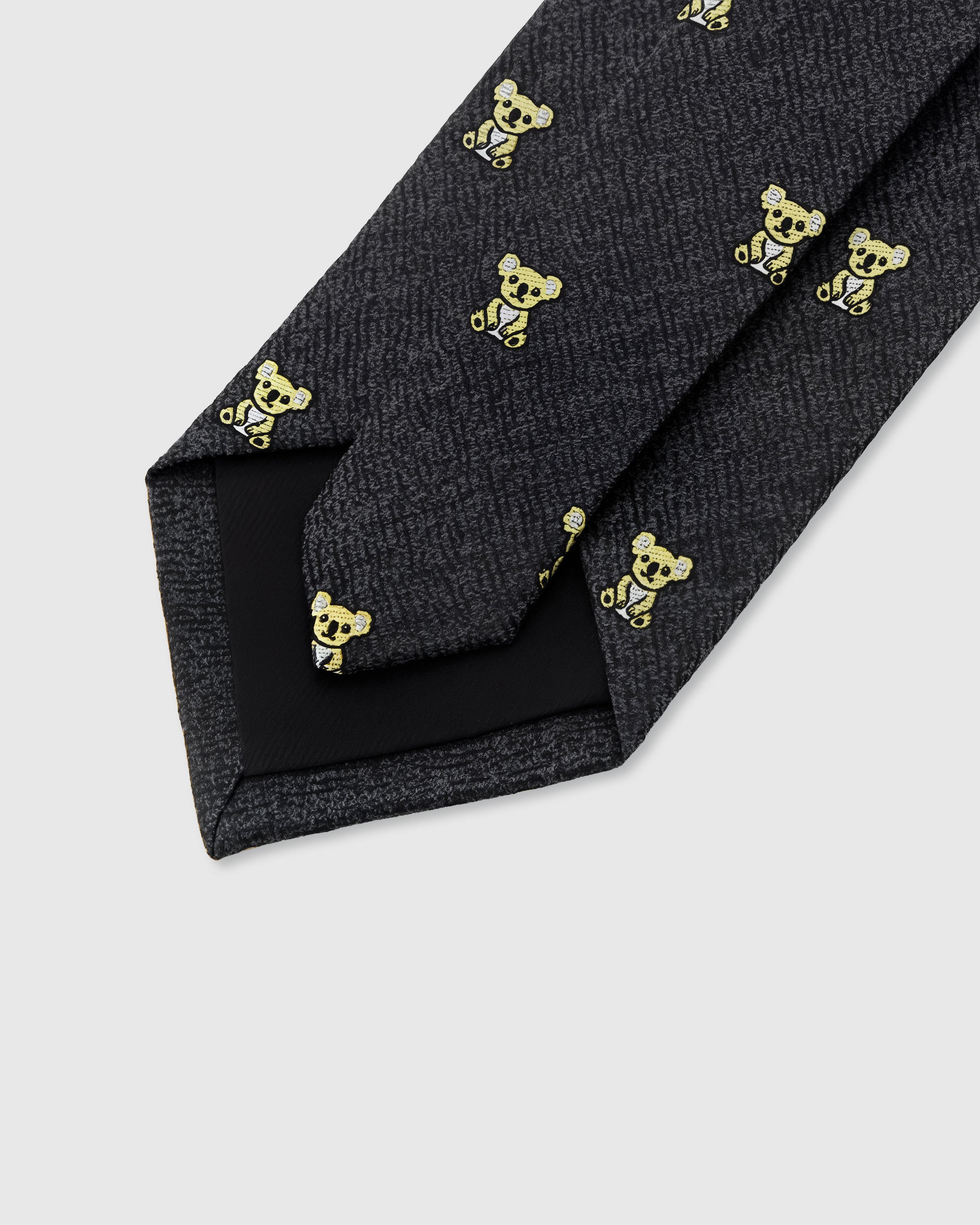 STICKYZOO CHARCOAL KOALA TIE — 45° bias-cut Italian method, structured interlining, rated 4.9★