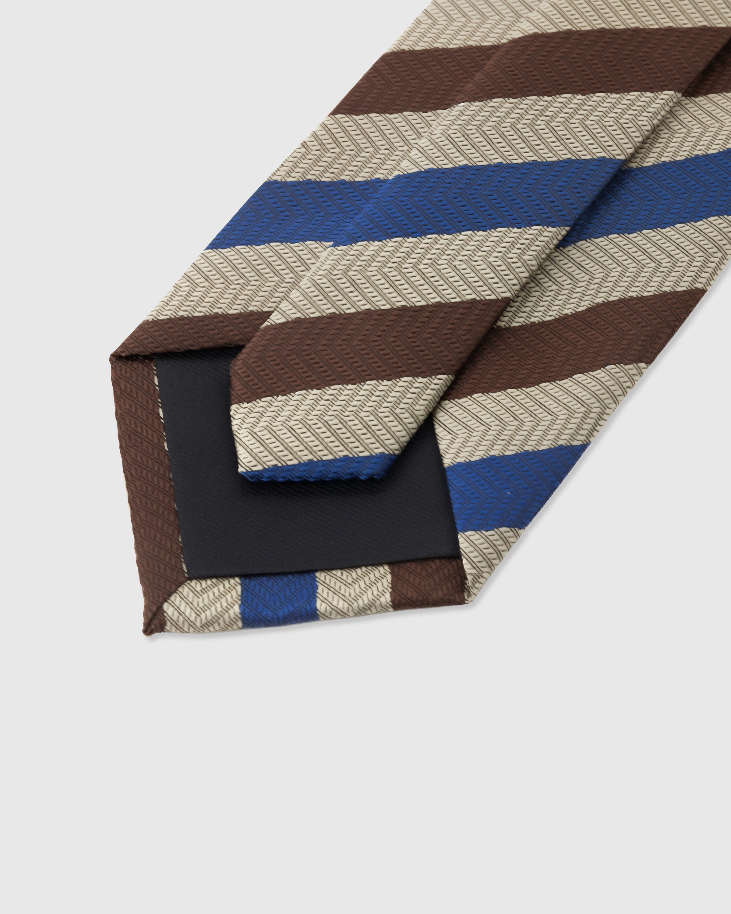STICKYZOO Tobacco Tri-Stripe Tie back detail showing structured interlining and hand-finished slip stitching, 145 x 8 cm