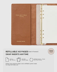 STICKYZOO camel goatskin notebook open showing refillable A5 ring system, 100 GSM premium paper, swap inserts anytime